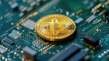 Poster - Close-Up of a Golden Bitcoin on a Circuit Board, Symbolizing Digital Currency, Cryptocurrency Technology, and Modern Finance Innovations in a Tech-Focused World