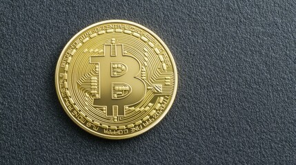 Poster - Golden Bitcoin Coin Isolated on Dark Background with Intricate Designs Showcasing Cryptocurrency and Digital Technology Concept for Financial Investment and Trading
