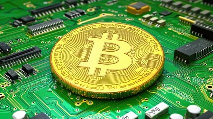 Poster - Golden Bitcoin Coin on a Circuit Board Background, Symbolizing Digital Currency and Financial Technology, Reflecting Innovation in Blockchain Technology