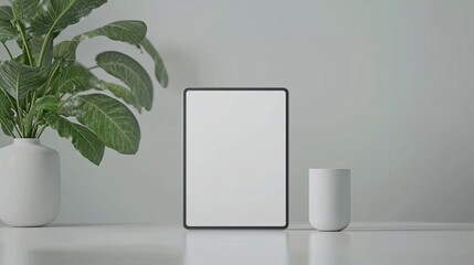 Poster - realistic product mockup of a tablet prototype on a desk with a clean background and ample space for