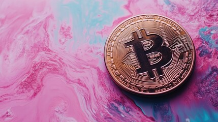 Poster - Close-Up of Bitcoin Coin on Colorful Abstract Background with Swirls of Pink and Blue, Representing Modern Cryptocurrency and Digital Finance Trends