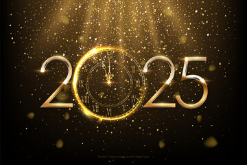 Wall Mural - 2025 Happy New Year greeting card vector background. 2025 gold numbers with clock countdown, falling confetti and glow light effects. Luxury festive sparkle holiday postcard, invitation, banner.