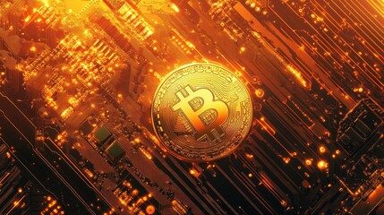Poster - Shiny Bitcoin Coin Floating Above a Circuit Board with a Bright Orange Digital Background, Representing Cryptocurrency Technology and Financial Innovation