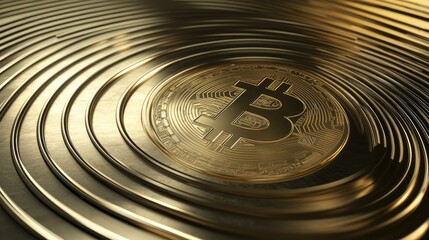 Poster - Golden Bitcoin Coin Surrounded by Concentric Circles in a Reflective Surface Symbolizing Cryptocurrency Value and Digital Revolution in Modern Finance