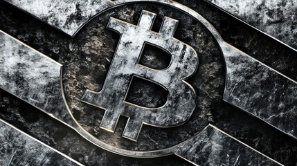 Poster - Metallic Bitcoin Logo on Grunge Background with Textured Surface and Distressed Look, Symbolizing Cryptocurrency and Digital Currency Innovations