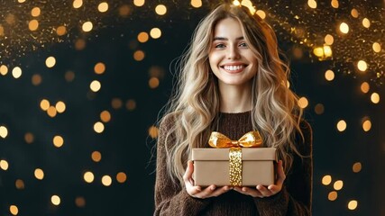 Sticker - A young woman with blonde hair smiles as she holds a wrapped gift in front of a sparkling background.