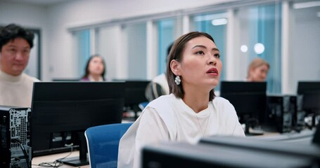 Poster - Japanese woman, students and computer science in lab for lesson, education and learning for degree. Group, people and classroom in university or college fro skill, language and scholarship in school