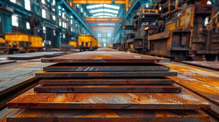 Poster - a view of stacked metal plates in an industrial warehouse, showcasing a spacious, well-lit environme