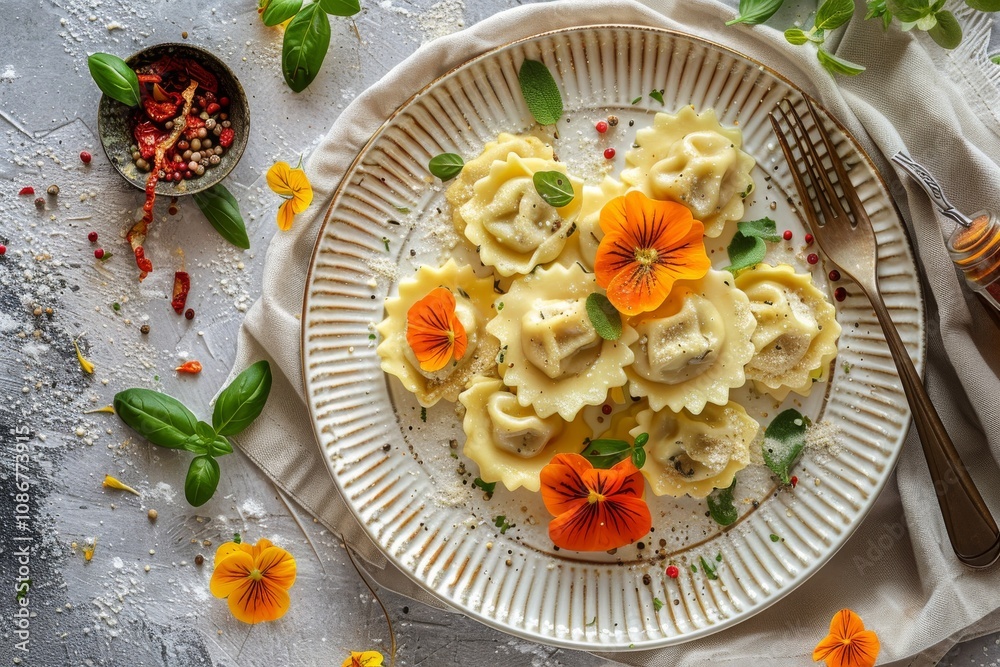 Flower Ravioli Rye ravioli with cheese, nasturtium flowers, tortellini with herbs ...