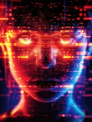 Poster - A digital portrait of a person with glowing red and blue elements, suggesting themes of technology, emotion, and artificial intelligence.