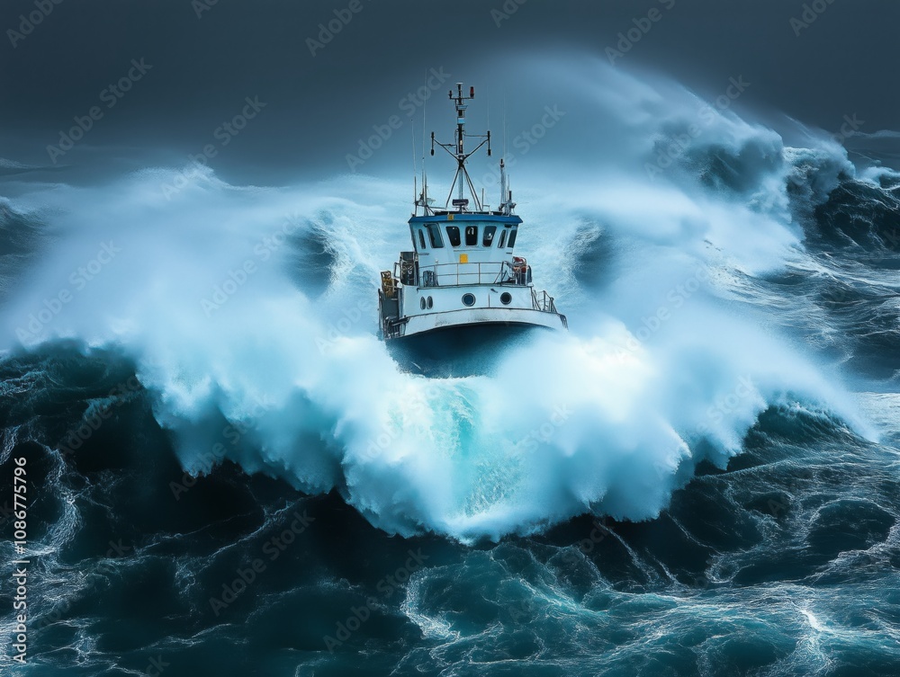 Fishing boat sailing in stormy sea with big waves. Small fishing boat ...
