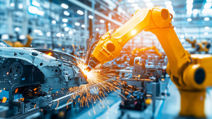 Poster - Industrial robotic arm welding car parts in automated factory, showcasing precision and efficiency in modern manufacturing processes