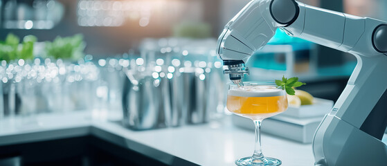 Poster - robotic arm in futuristic kitchen is crafting cocktail with precision, showcasing advanced technology in modern culinary setting. sleek design and ambient lighting create sophisticated atmosphere