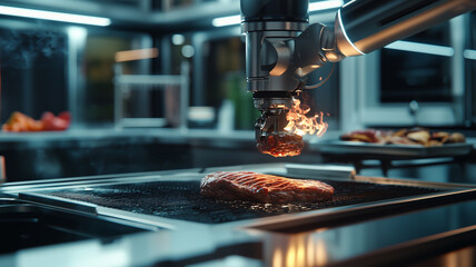 Poster - robotic arm in futuristic kitchen grills steaks with precision, showcasing advanced technology and culinary innovation. scene is illuminated by warm, ambient glow