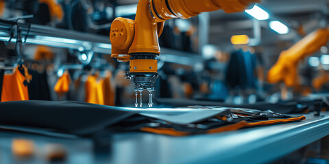 Poster - robotic arm in high tech fashion studio designs garments with precision, showcasing innovation in textile manufacturing. advanced machinery enhances efficiency and creativity