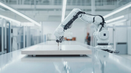 Aufkleber - robotic arm in modern factory is assembling furniture with precision and efficiency, showcasing advanced technology in sleek, industrial setting