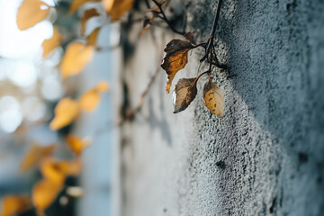 Poster - Autumn leaves casting shadows on textured concrete wall, creating serene and contemplative atmosphere. soft sunlight enhances warm tones of foliage, adding depth to scene