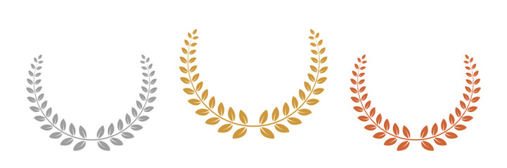 Wall Mural - gold, silver, bronze laurel wreaths. winner medal award set vector illustration. victory symbol, tri