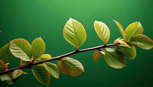 Small Leaves on a Branch Against Solid Green Background 