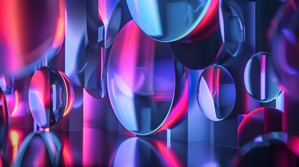Wall Mural - Abstract Neon Spheres and Geometric Shapes Vibrant Pink and Blue 3D Render