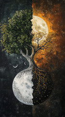 Wall Mural - world tree dividing the world into day and night, dark and light yin and yang, sun and moon