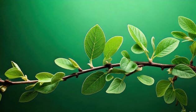 Small Leaves on a Branch Against Solid Green Background 