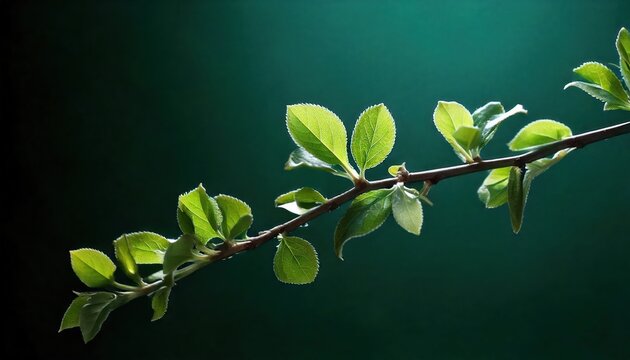 Small Leaves on a Branch Against Solid Green Background 