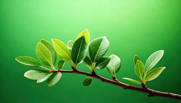Small Leaves on a Branch Against Solid Green Background 