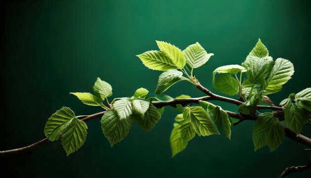 Small Leaves on a Branch Against Solid Green Background 