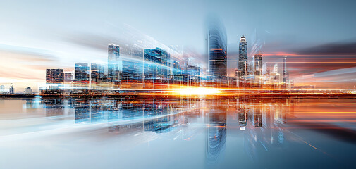 Poster - Dynamic urban skyline at dusk futuristic city digital artwork reflective water aerial view modern living concept