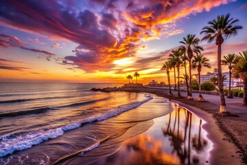 Wall Mural - Captivating Sunset Over Los Cristianos Beach in Tenerife, Showcasing Vibrant Skies and Calm Waters with Silhouettes of Palm Trees and Coastal Vistas in a Beautiful Tropical Setting