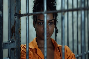 Wall Mural - A black female prisoner in an aged orange uniform gazes directly at the camera while standing behind metal bars in a detention center, highlighting her current situation