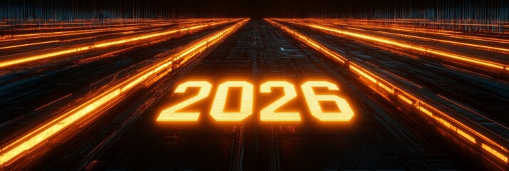 Poster - Futuristic Technology Glowing Number 2026 on Circuit Board, Symbolizing Digital Future