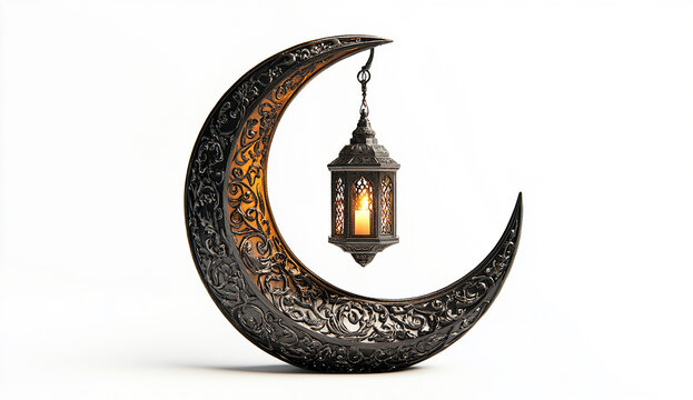 3D rendering of a crescent moon with a hanging lantern and candle,for Ramadan Kareem celebration