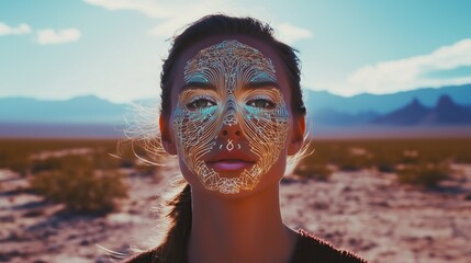 Striking Visual of Woman with Intricate Digital Face Art in Desert Setting at Sunset