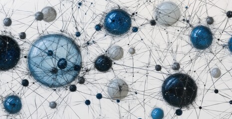Poster - Abstract scientific illustration depicting interconnected spheres and nodes, symbolizing network structures, data connections, and complex systems in a digital landscape