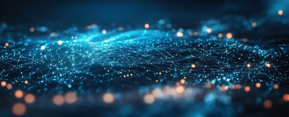 Poster - Stunning Abstract Digital Landscape with Bright Nodes and Connecting Lines Representing Data Flow and Network Connections in a Futuristic Blue Glow