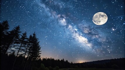 Wall Mural - dense starry night sky with twinkling stars and a full moon, astronomical objects, stardust, comet t
