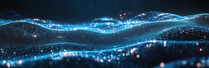 Poster - Abstract blue glowing waves with particles and lights creating a mesmerizing digital landscape that evokes a sense of depth and movement in a virtual space