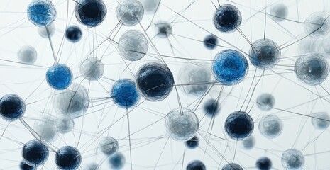 Poster - Abstract Representation of Molecular Connections and Interactions Illustrating Scientific Concepts in a Modern Aesthetic Featuring Blue and Gray Spheres