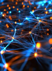 Poster - Abstract network of glowing blue and orange lines forming intricate connections and patterns resembling a digital circuit or cosmic web, symbolizing technology and communication