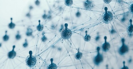 Poster - Abstract digital representation of interconnected spheres and nodes symbolizing technology, science, innovation, and communication in a modern digital landscape.