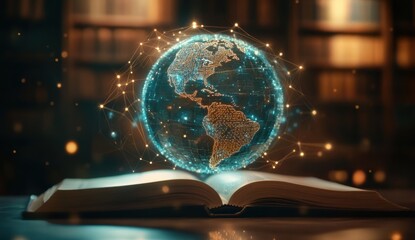 Poster - Open book with glowing digital globe representation symbolizing knowledge, learning, and the connection between literature and global awareness in a library setting