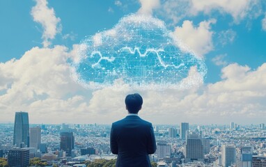 Poster - Business professional gazing at a digital cloud symbolizing data connection and innovation, sky and cityscape backdrop reflecting modern technology trends and future potential.
