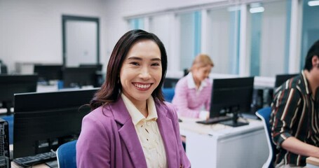 Aufkleber - Computer, training and portrait of woman in center for research, growth or development in office. Technology, team and Japanese people in coworking space for online course, productivity or business