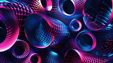 Wall Mural - Abstract 3D Render of Intertwined Neon Pink and Blue Metallic Tubes with Honeycomb Pattern