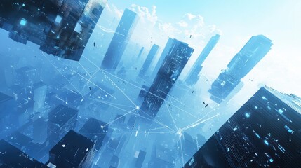 Poster - Modern Urban Skyline with Futuristic Elements and Digital Connections Representing Technology, Innovation, and Connectivity in a Metropolis Atmosphere