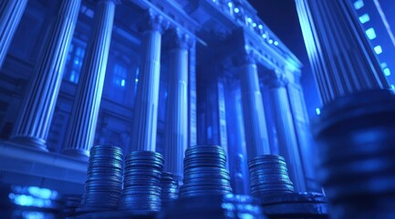 Poster - Dramatic View of Stacked Coins Against a Majestic Financial Institution with Classic Architecture and Blue Lighting, Symbolizing Wealth, Investment, and Economic Power