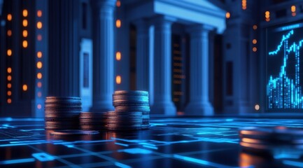 Poster - Close-Up View of Stacked Coins with Digital Data Visualization and Classical Architecture Elements in a Futuristic Financial Environment