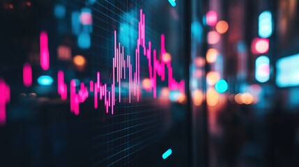Poster - Vibrant Data Visualization on Modern Screen Showcasing Performance Metrics in Dynamic City Environment with Bright Neon Lights and Blurred Background Elements